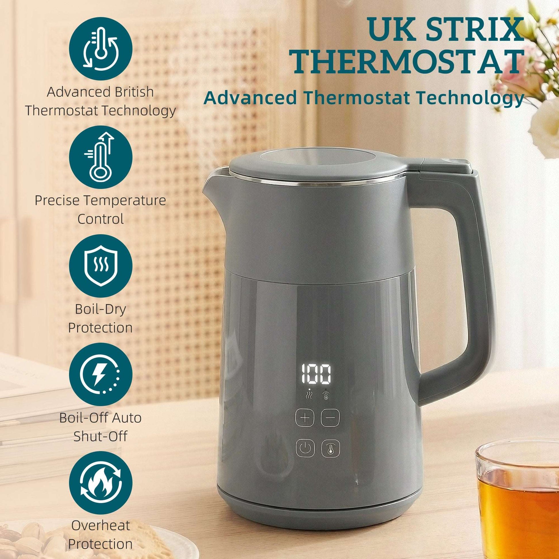 1.7L Electric Kettle | 3000W | 7 Temperature Settings 40-100°C | 2hr Keep-Warm | 304 Stainless Steel PTFE-Free | Boil-Dry Protection | Auto Shut-Off | 360° Swivel Base | Grey