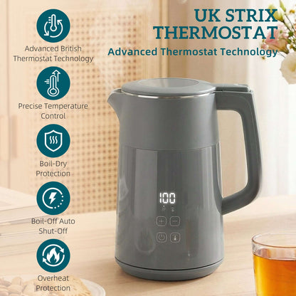 1.7L Electric Kettle | 3000W | 7 Temperature Settings 40-100°C | 2hr Keep-Warm | 304 Stainless Steel PTFE-Free | Boil-Dry Protection | Auto Shut-Off | 360° Swivel Base | Grey