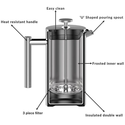 Maison & White French Press Cafetière | 350ml Double-Walled Stainless Steel Coffee Maker | Filter, 2 Spoons & Scoop Clip Set | Polished Silver