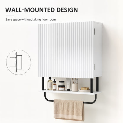Bathroom Wall Cabinet | Double Doors | Open Shelf & Towel Rail | Wavy Door Style | Humidity-Resistant Painted MDF | 49 x 18 x 66cm | 30kg Capacity | Space-Saving Wall-Mounted | White