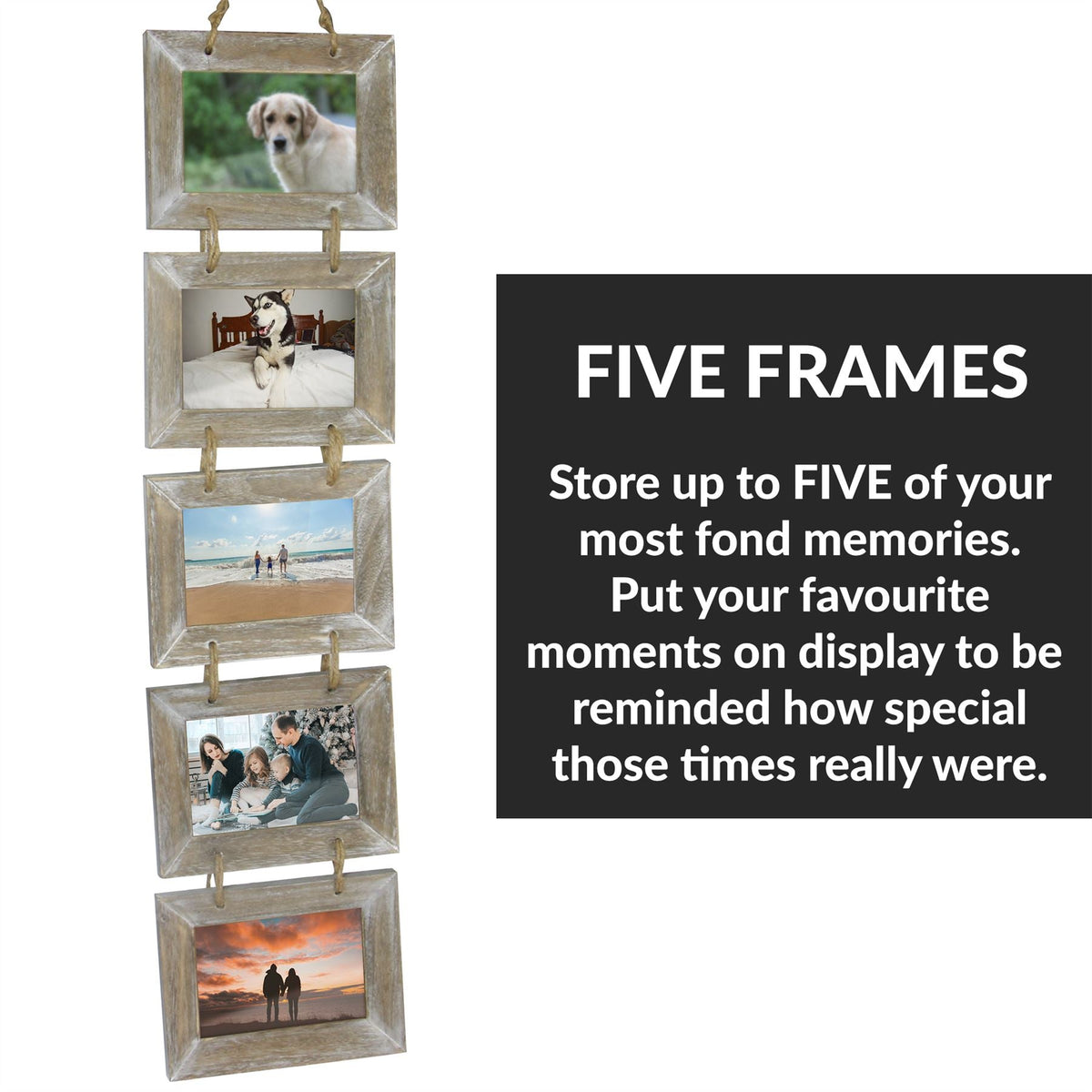 Maison & White 5 Hanging Wooden Photo Frame Hanger Set | Hardwood Vintage Rustic | Holds 6x4 Photos | 89x21.5x2cm | Wedding Housewarming Birthday Gift | Wall Display | 2-Year Warranty