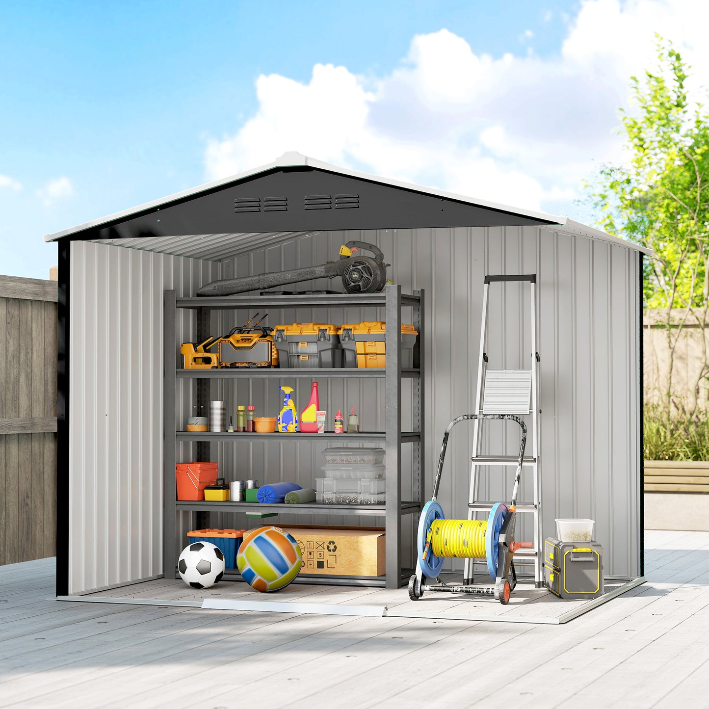 Large Galvanised Steel Garden Storage Shed | Double Sliding Door | 4 Ventilation Slots | Sloped Roof | 20kg/m² Snow Load | 236x171x191cm | Bikes Scooters Tools & Bins | Dark Grey