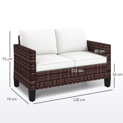 2-Seater Rattan Outdoor Sofa | 8cm Washable Cushions | Galvanised Steel Frame | Adjustable Feet | 240kg | Brown Rattan & Cream Cushions