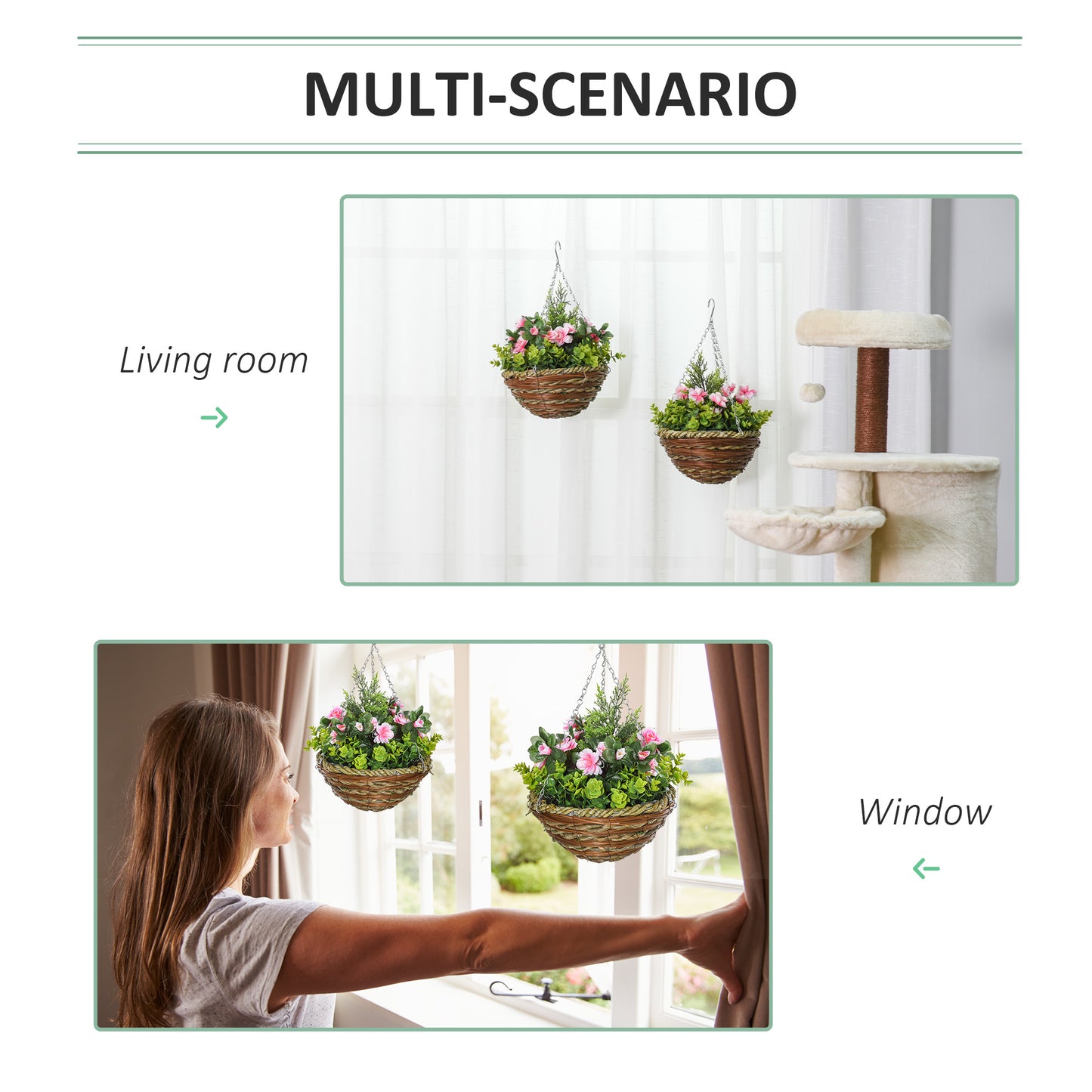Set of 4 Artificial Hanging Lisianthus Flower Baskets | 18 Faux Flowers & 72 Leaves Per Pot | Wicker Basket | 30cm Metal Chain & Hook | Indoor & Outdoor | Ø25 x 34cm | Pink & Green