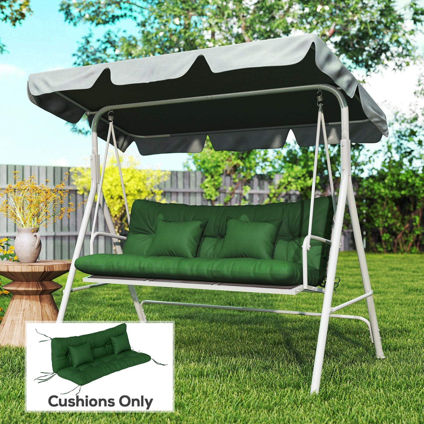Outdoor Seat & Back Cushion Set | 3-Seater | 2 Pillows | Water Repellent | Tufted | Flame Retardant | 150x50x10cm | Green