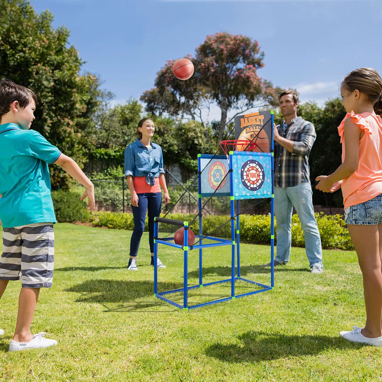 Kids Basketball Arcade Game 2-In-1 Indoor Outdoor Basketball & Sticky Balls Game