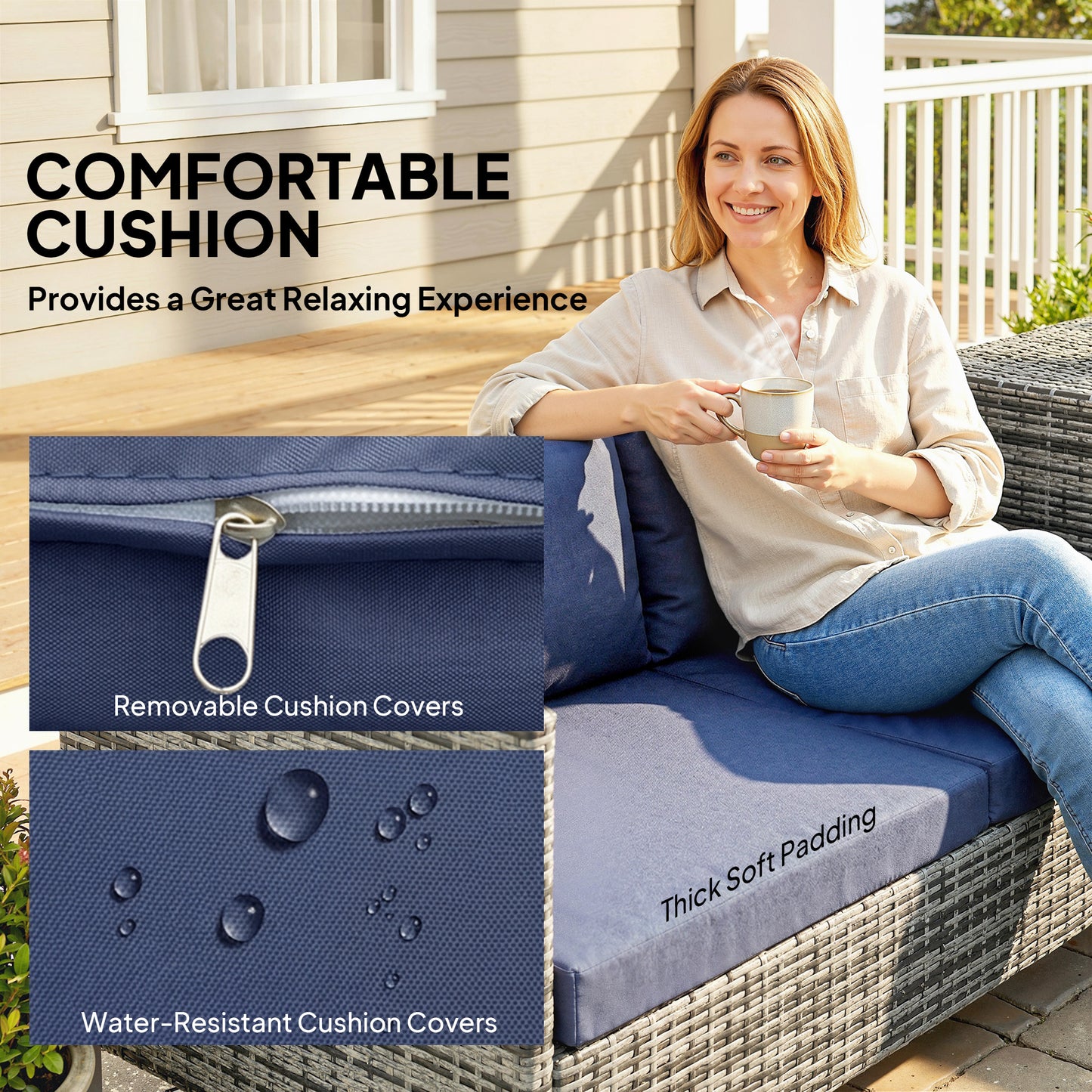 4 Piece L-Shaped Rattan Corner Garden Sofa Set | 2 Loveseats | Storage Trunk | Coffee Table | Tempered Glass | Padded Cushions | Washable Covers | PE Wicker | Dark Blue