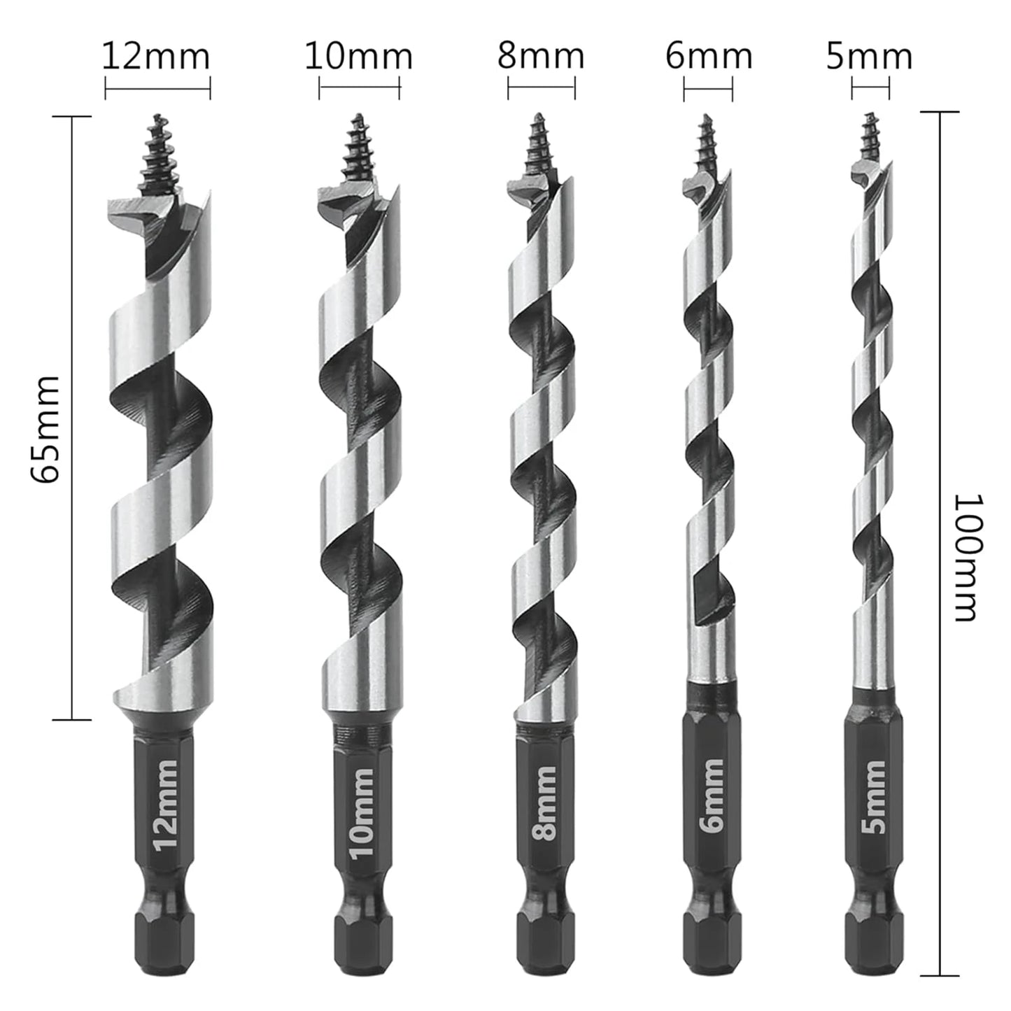 Wood Drill Bit Set with 5/6/8/10/12mm Ship Auger Design, 1/4'' Quick Change Shank, HCS for Soft & Hard Wood 