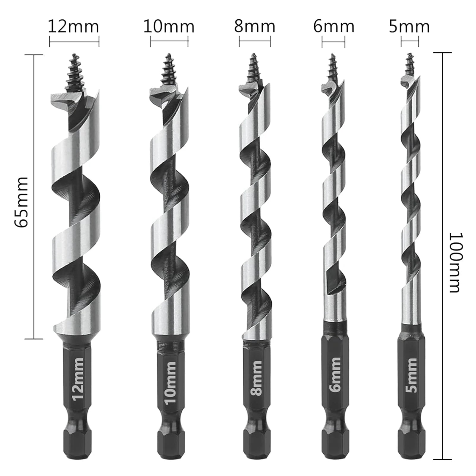 Wood Drill Bit Set with 5/6/8/10/12mm Ship Auger Design, 1/4'' Quick Change Shank, HCS for Soft & Hard Wood 