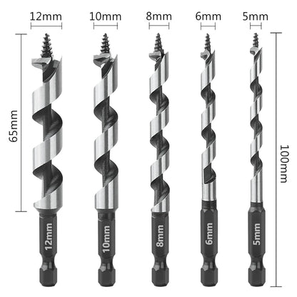 Wood Drill Bit Set with 5/6/8/10/12mm Ship Auger Design, 1/4'' Quick Change Shank, HCS for Soft & Hard Wood 
