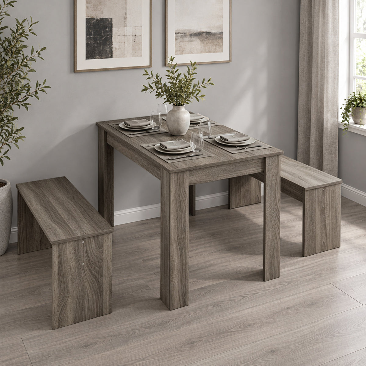 3 Piece Dining Table & 2 Bench Set | 110 x 70cm Table | Tuck-Under Seating for Up to 4 | Grey Wood Effect