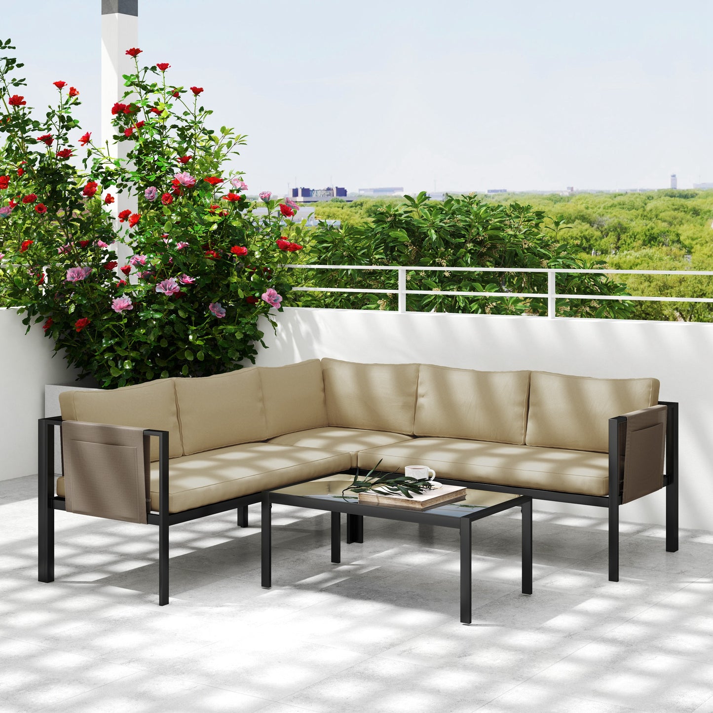 4 Piece Metal Garden Furniture Set with Tempered Glass Coffee Table, Breathable Mesh Pocket, Outdoor Conversational Corner Sofa, Khaki