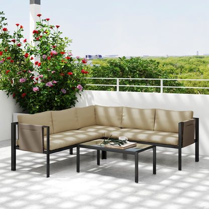 4 Piece Metal Garden Furniture Set with Tempered Glass Coffee Table, Breathable Mesh Pocket, Outdoor Conversational Corner Sofa, Khaki