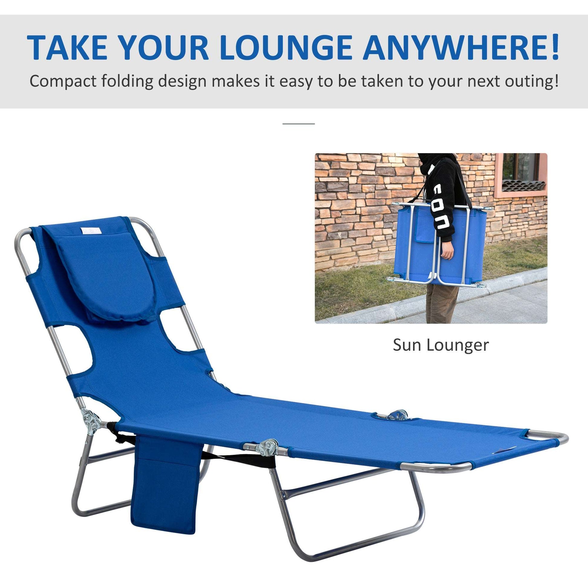 2 Pieces Foldable Sun Lounger Portable With 5 Level Adjustable Backrest, Reclining Lounge Chair with Side Pocket, Headrest Pillow, Blue
