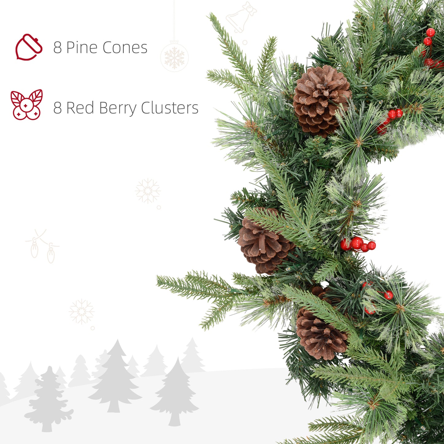 60cm Pre-Lit Christmas Wreath for Front Door with LED Lights, Pine Cones and Red Berries, Winter Wreath for Windows, Wall Decoration, Green