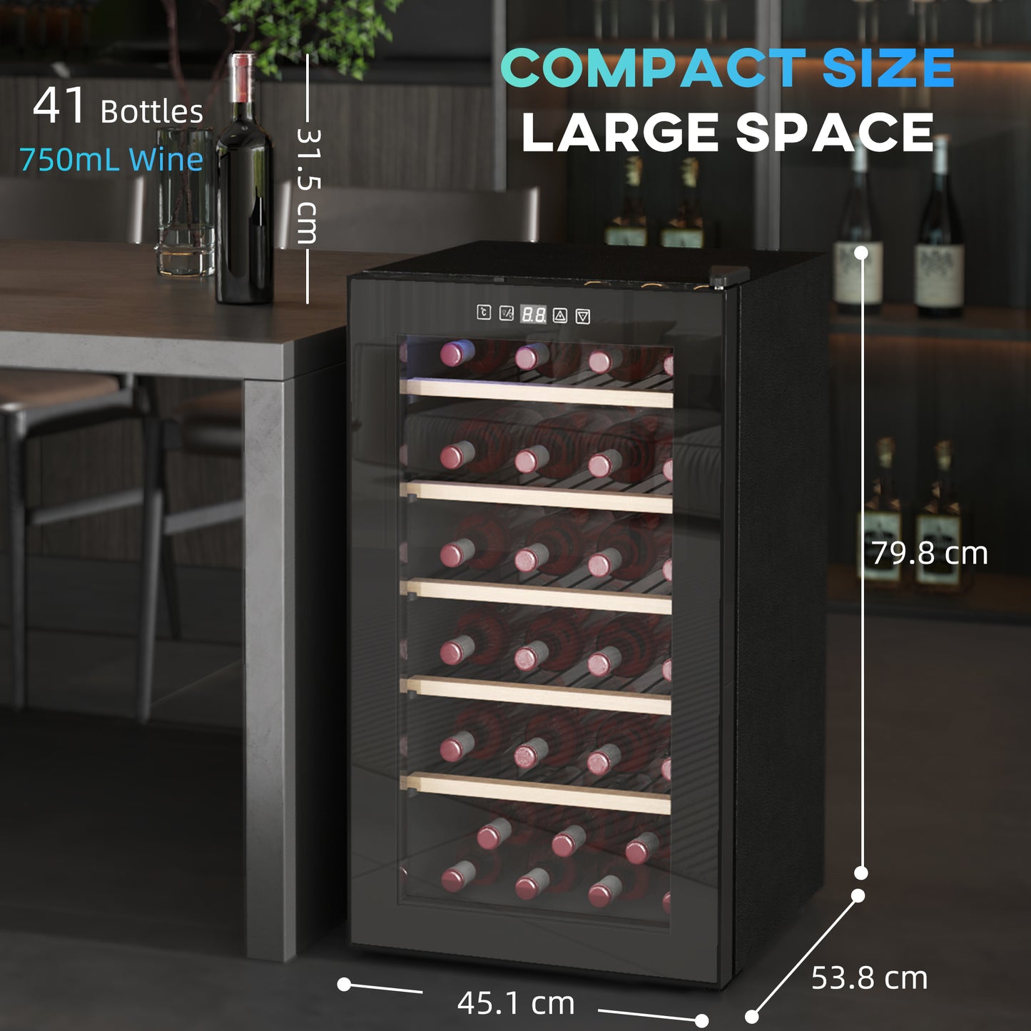 41 Bottle Wine Fridge, 91 Litre Capacity, 45cm Cooler With Glass Door, LED Light, Digital Touch Screen, Temperature Control, Freestanding Refrigerator