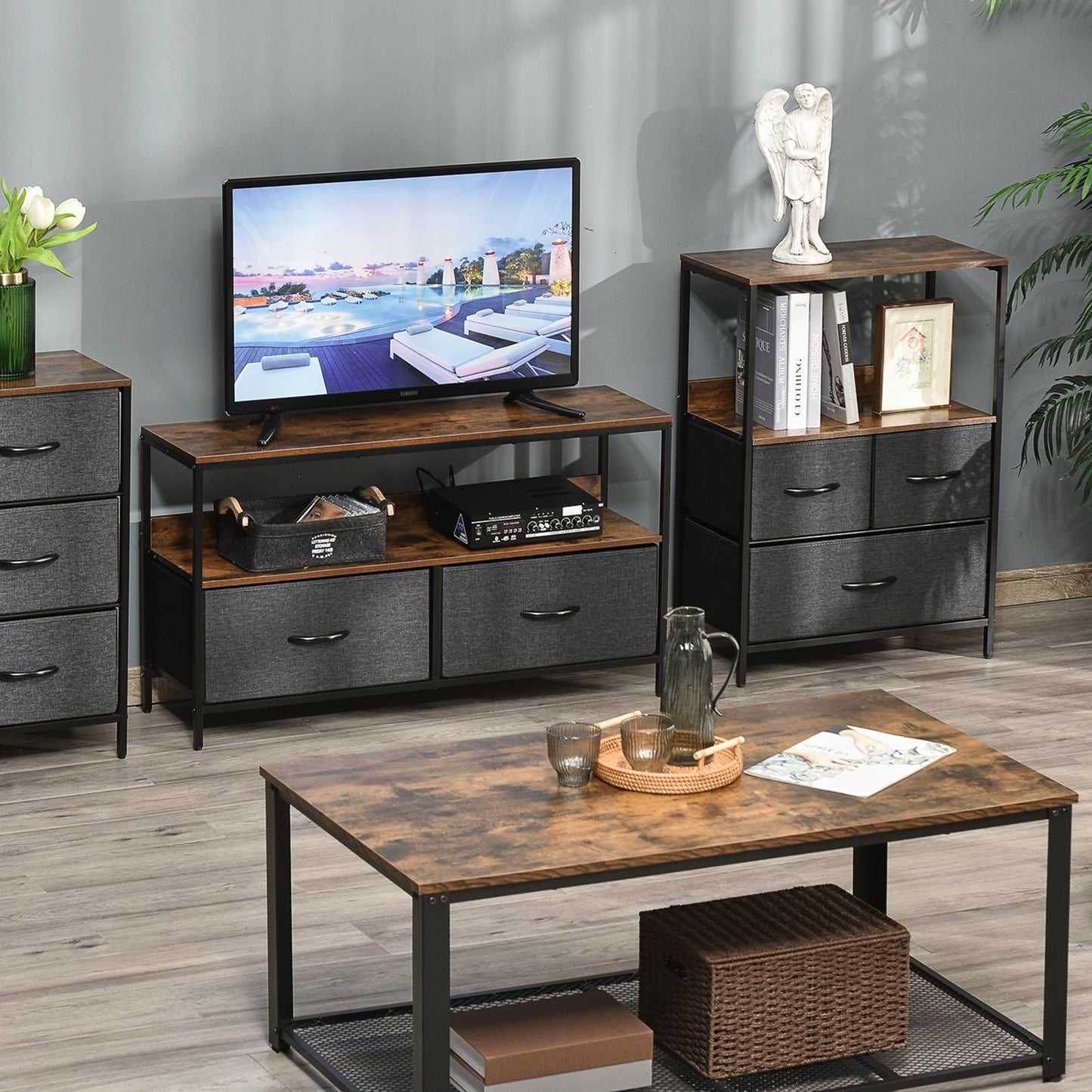 Chest Of Drawers Bedroom Unit Storage Cabinet With 3 Fabric Bins For Living Room And Entryway, Black