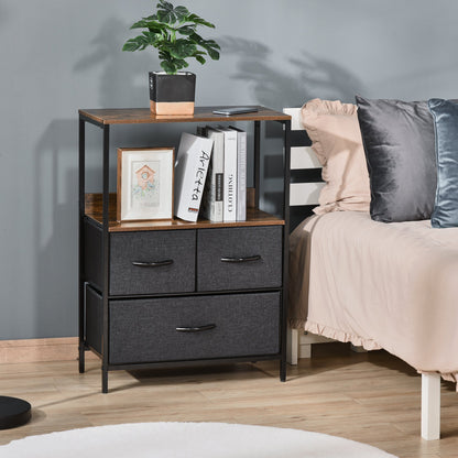 Chest Of Drawers Bedroom Unit Storage Cabinet With 3 Fabric Bins For Living Room And Entryway, Black
