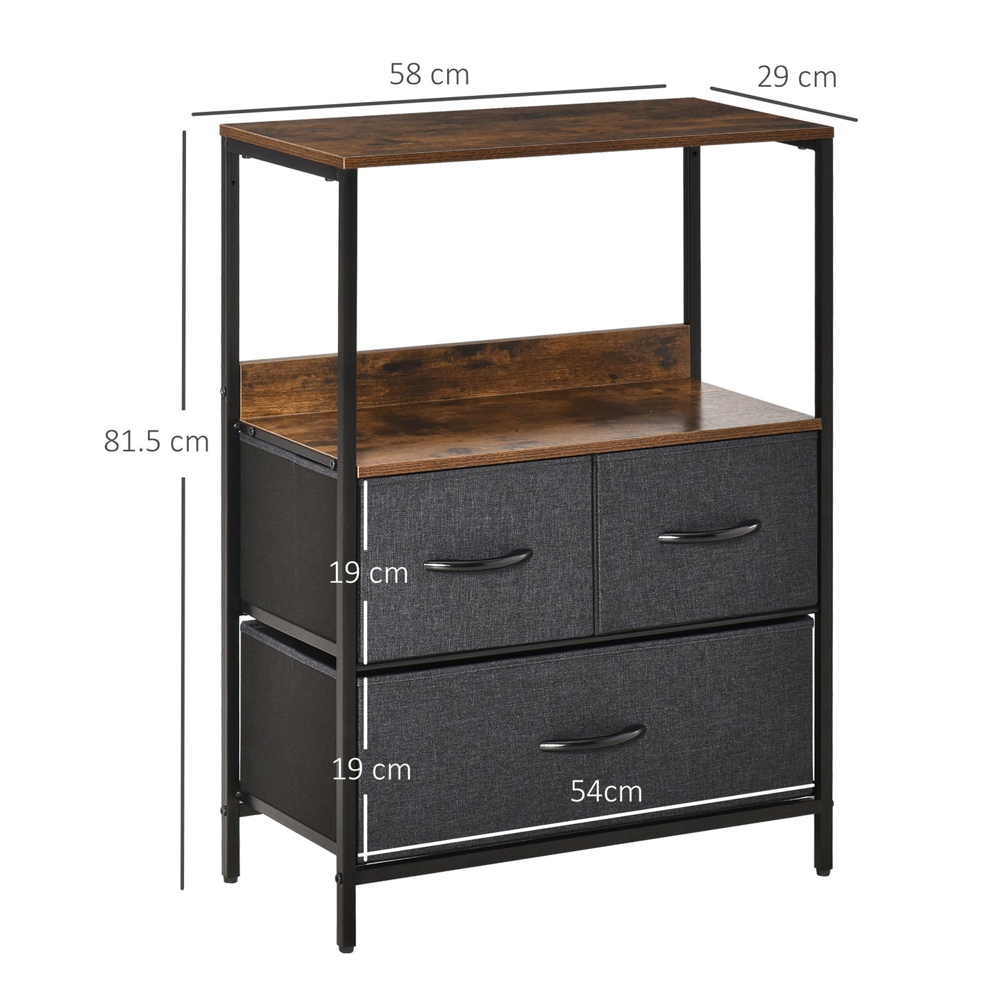 Chest Of Drawers Bedroom Unit Storage Cabinet With 3 Fabric Bins For Living Room And Entryway, Black