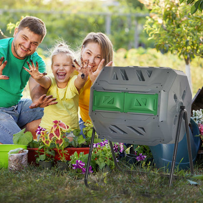 160L Tumbling Compost Bin Outdoor Dual Chamber 360° Rotating Composter, Garden Compost Bin w/Sliding Doors & Solid Steel Frame, Grey