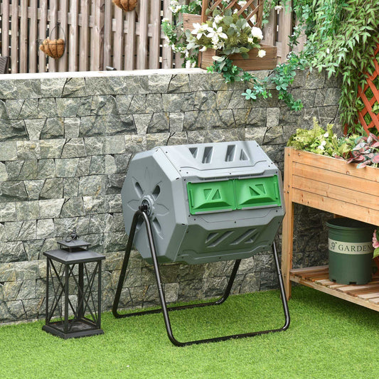160L Tumbling Compost Bin Outdoor Dual Chamber 360° Rotating Composter, Garden Compost Bin w/Sliding Doors & Solid Steel Frame, Grey