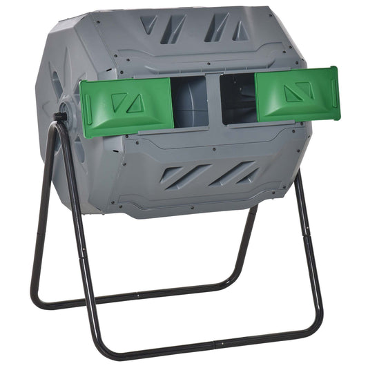 160L Tumbling Compost Bin Outdoor Dual Chamber 360° Rotating Composter, Garden Compost Bin w/Sliding Doors & Solid Steel Frame, Grey