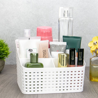 Pukkr White Cosmetic Storage Organiser | 5 Compartments | Rattan-Style Plastic Makeup & Toiletry Caddy | 19.2cm