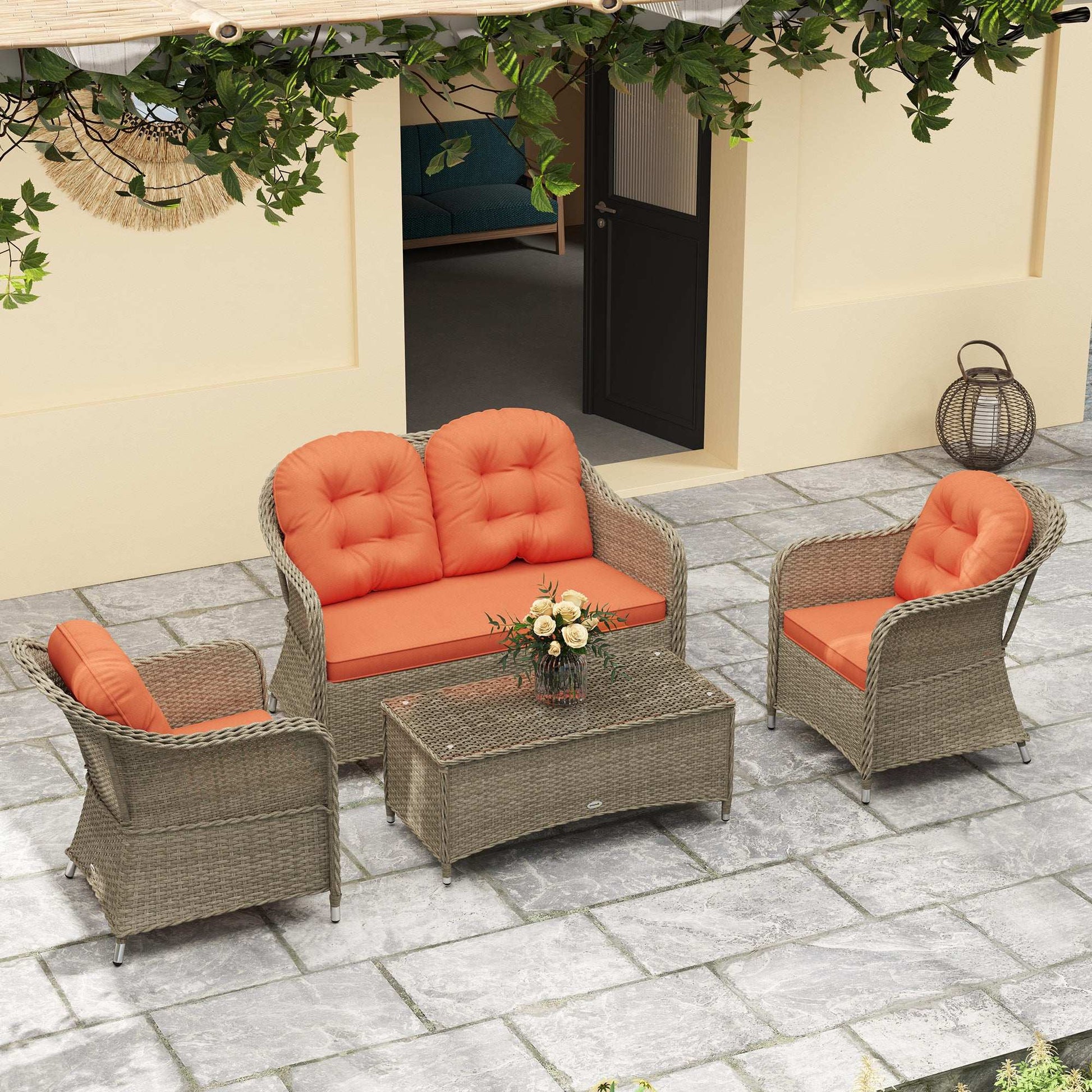 Outsunny Four-Piece Rattan Sofa Set, with Glass-Top Table - Orange