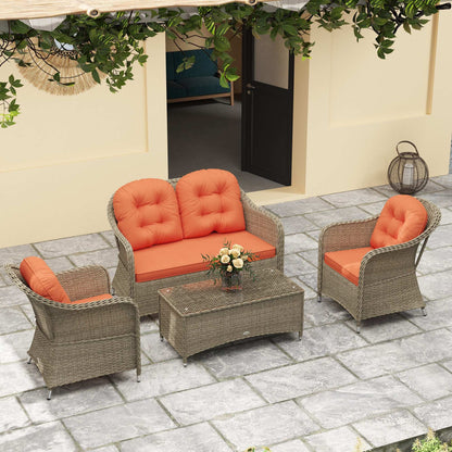 Outsunny Four-Piece Rattan Sofa Set, with Glass-Top Table - Orange