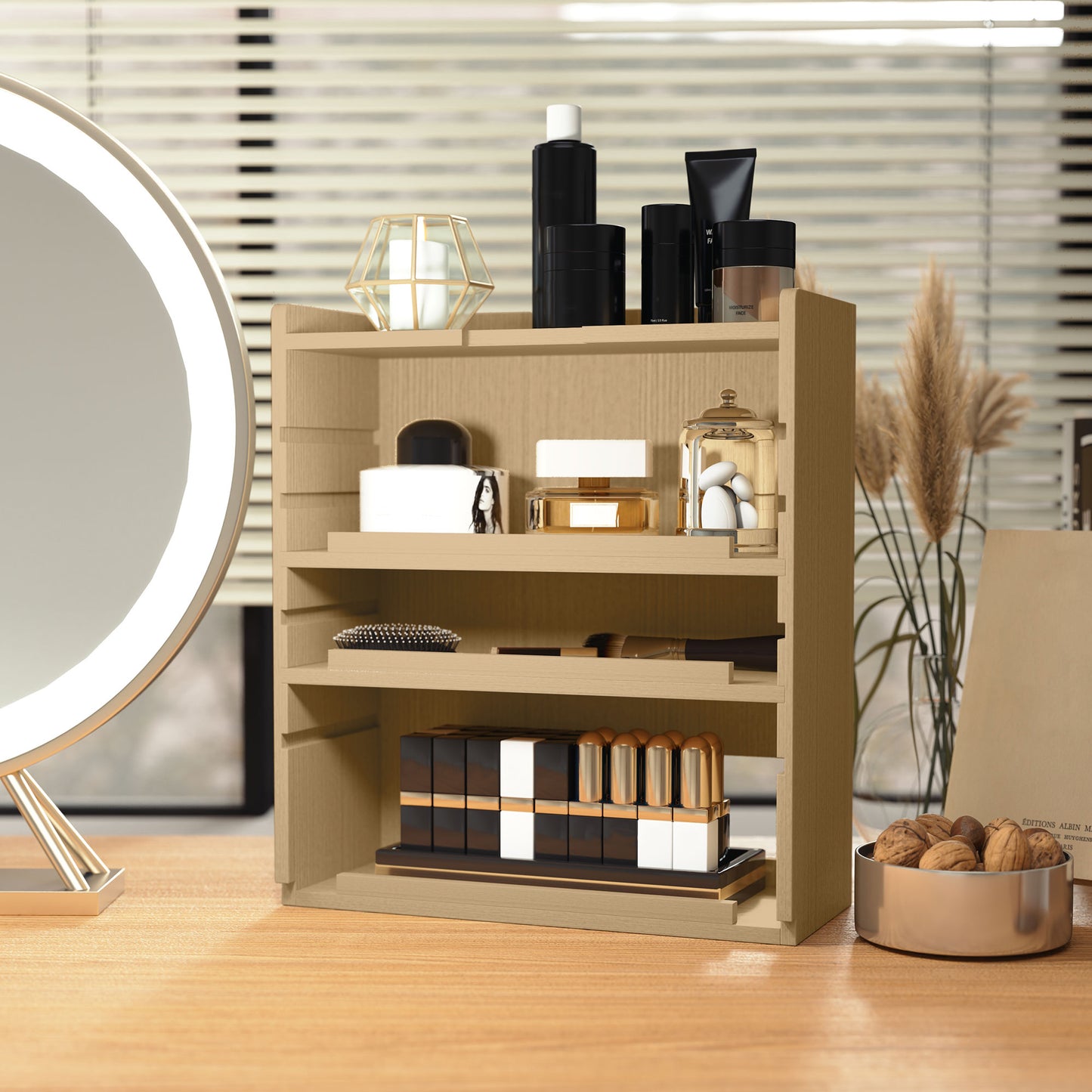 Four-Tier Desktop Organiser Storage Rack - Oak Tone