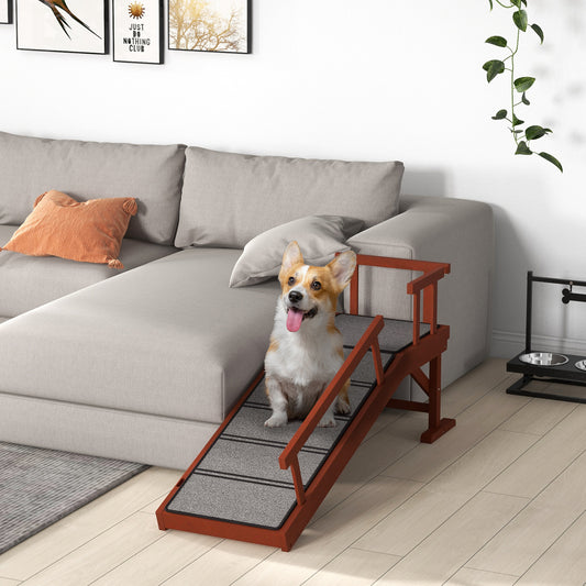 Wooden Dog & Cat Ramp | 3 Removable Guardrails | Non-Slip Carpet | 20° Gentle Slope | 125cm | 30kg | Brown