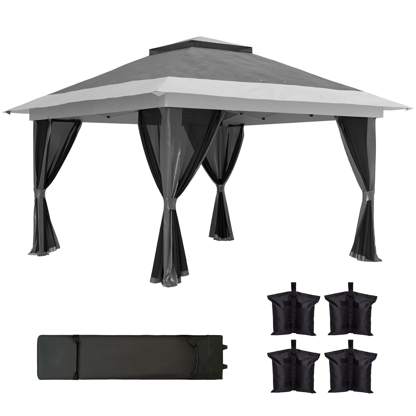 3.6x3.6m Pop Up Gazebo | UPF50+ Canopy | Removable Mesh Walls | 8 Drainage Holes | 3 Height Settings | Windproof Level 4-5 | Snow Rated | Sandbags Guy Ropes Ground Stakes | Wheeled Bag | Shades 8-12 People | Grey