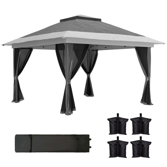 3.6x3.6m Pop Up Gazebo | UPF50+ Canopy | Removable Mesh Walls | 8 Drainage Holes | 3 Height Settings | Windproof Level 4-5 | Snow Rated | Sandbags Guy Ropes Ground Stakes | Wheeled Bag | Shades 8-12 People | Grey