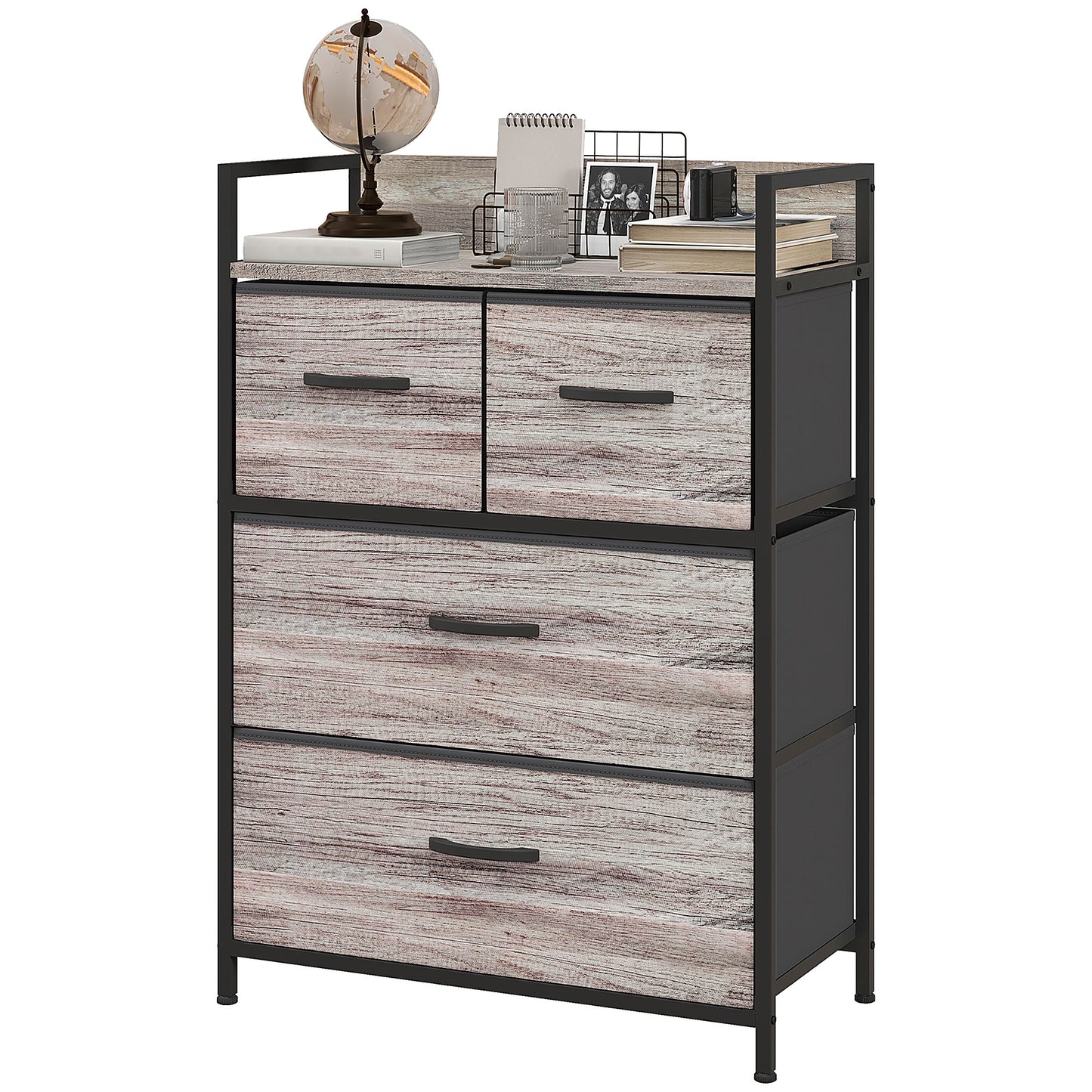 Retro Style Rustic Chest of Four Fabric Drawers - Grey Wood Effect
