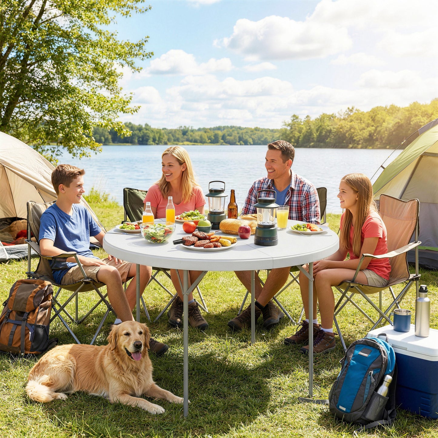 Folding Picnic Camping Table | 120x120cm | HDPE Top | Water Resistant | Powder Coated Frame | Anti-Slip Feet | 100kg | No Assembly | White