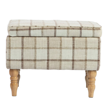 Storage Ottoman Footstool | Flip-Lid Tray Table | 24L Hidden Storage | Plaid Linen-Look Fabric | Rubberwood Legs | 120kg Capacity | 50 x 38 x 39cm | Brown