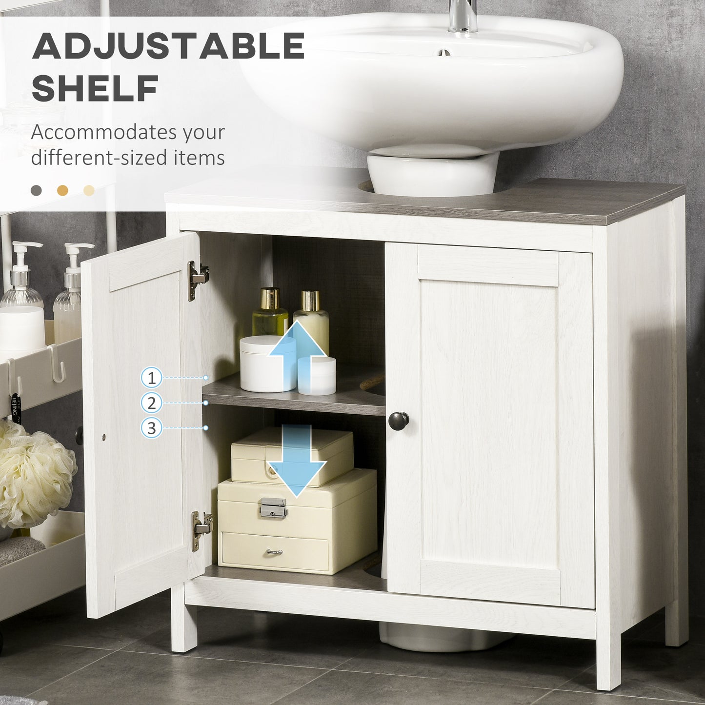 Bathroom Furniture Set W/ Adjustable Shelves, 6-Tier Tall Bathroom Storage Cabinet, Floor Cabinet W/ Drawer, Under Sink Cabinet, Antique White
