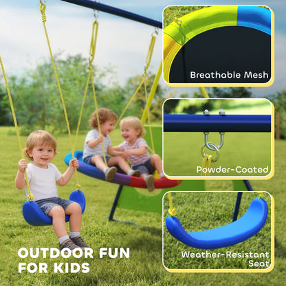 4-in-1 Kids Swing Set with Saucer Swing, Basketball Hoop & Football Goal – Rust-Proof A-Frame, 150kg Capacity, Adjustable Heights, Ages 3–8