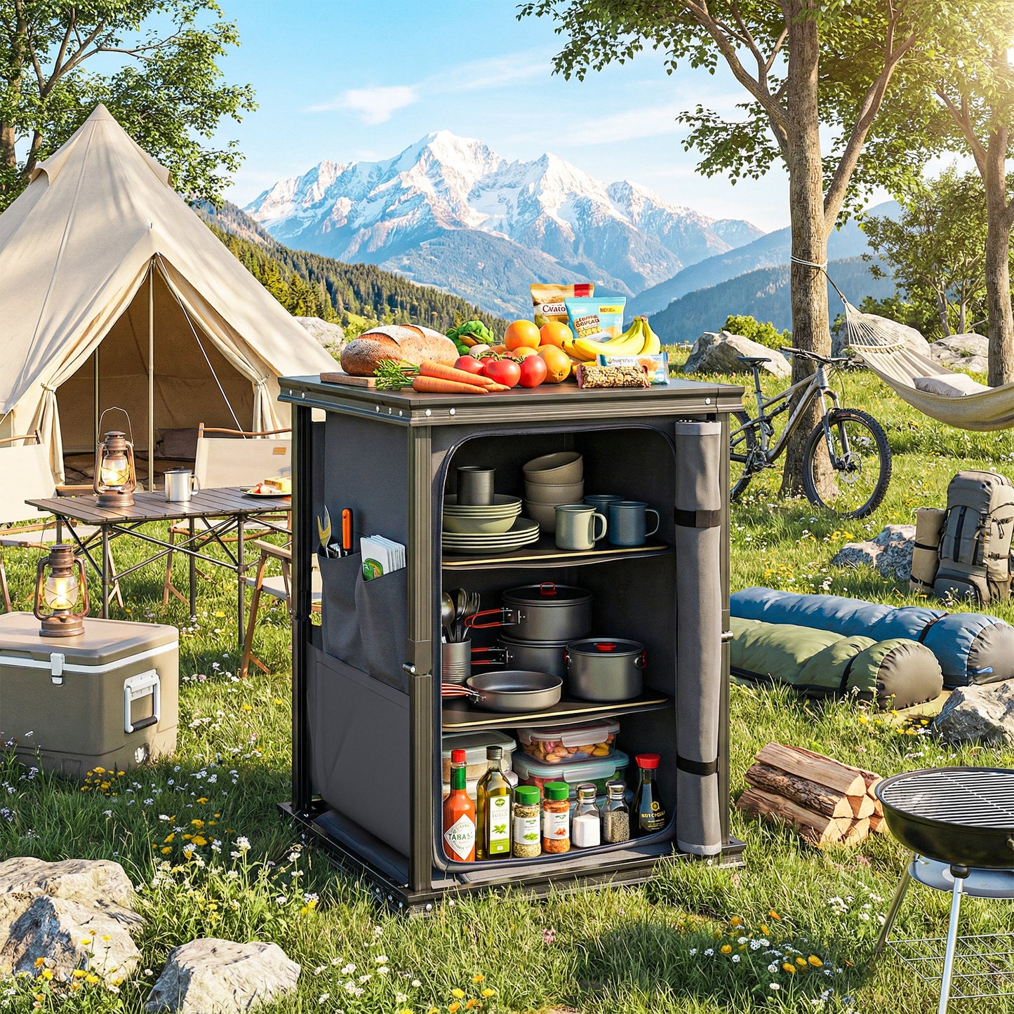 Folding Camping Kitchen Unit | 3 Shelves & 4 Pockets | Zip Cupboard | Adjustable Feet | 50kg | Carry Bag | Black