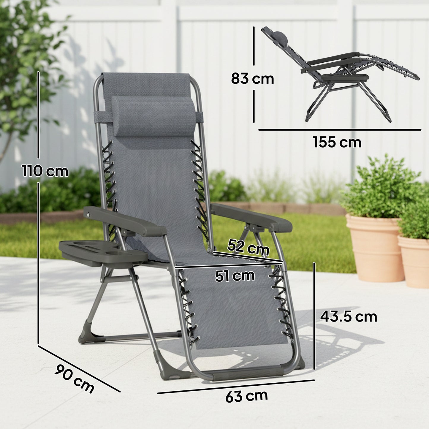 Set of 2 Zero Gravity Folding Sun Loungers | Reclining | Headrest & Tray | Dark Grey