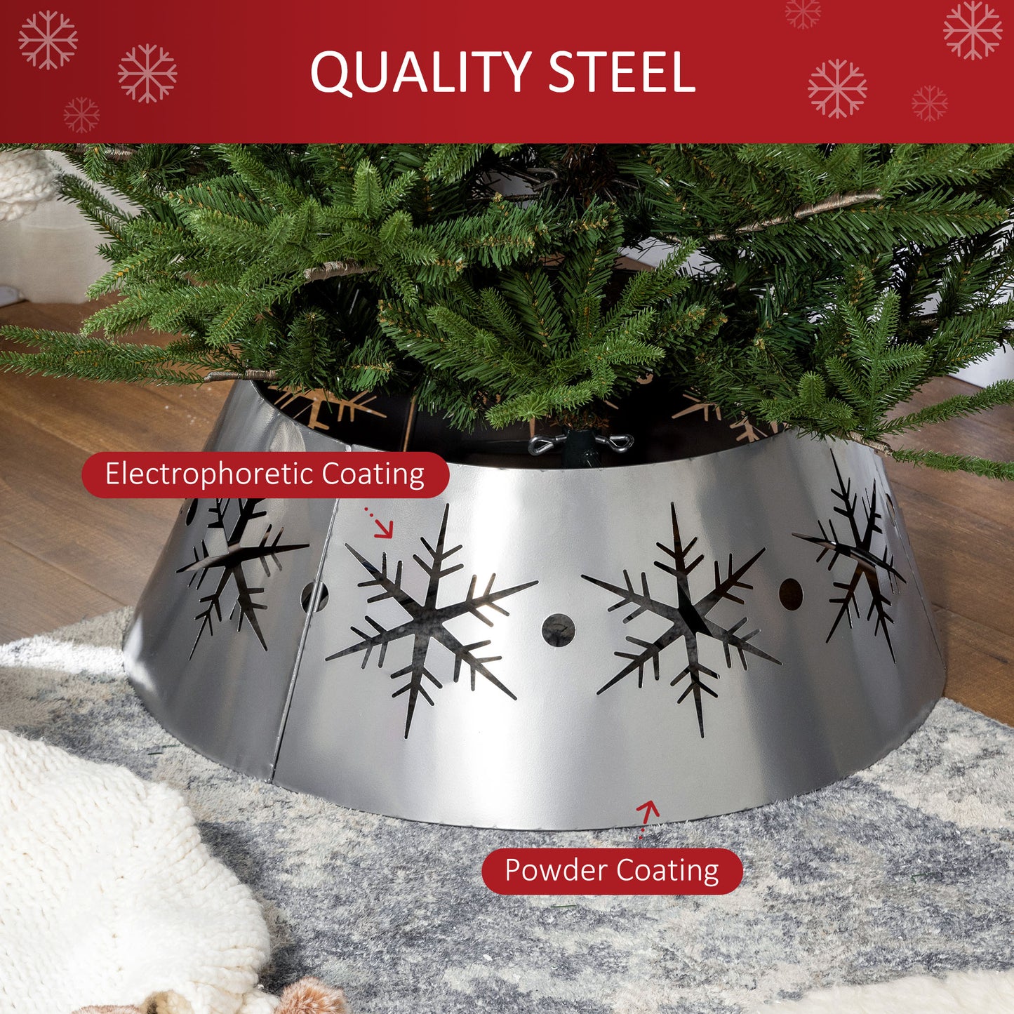 Christmas Tree Collar Base Cover 66cm with Hollow Snowflake Patterns, Decoration for Party, Holiday, Home, Silver