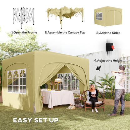 3x3m Pop-Up Gazebo | UPF50+ Oxford Fabric | 3-Height Adjustment 253-273cm | 2 Windows & Dual Doors | 8 Drainage Holes | 4 Guy Ropes & 12 Ground Stakes | Carry Bag | Fits 6-9 People | Sand