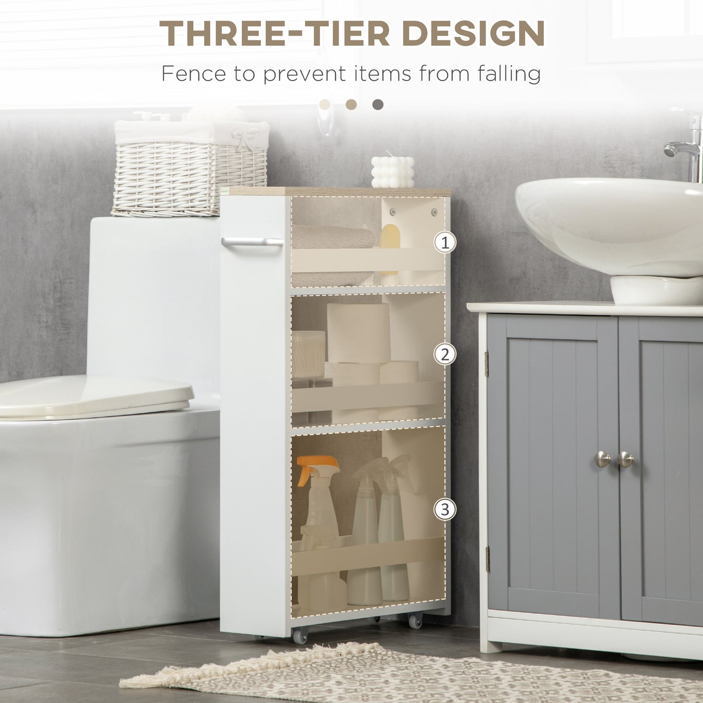 4-Tier Slim Bathroom Storage Trolley | 4 Wheels & Side Handle | Moisture-Resistant Laminated MDF | 10kg Total 2.5kg Per Shelf | Fits Between Toilet & Bath | 48x15x80cm | White
