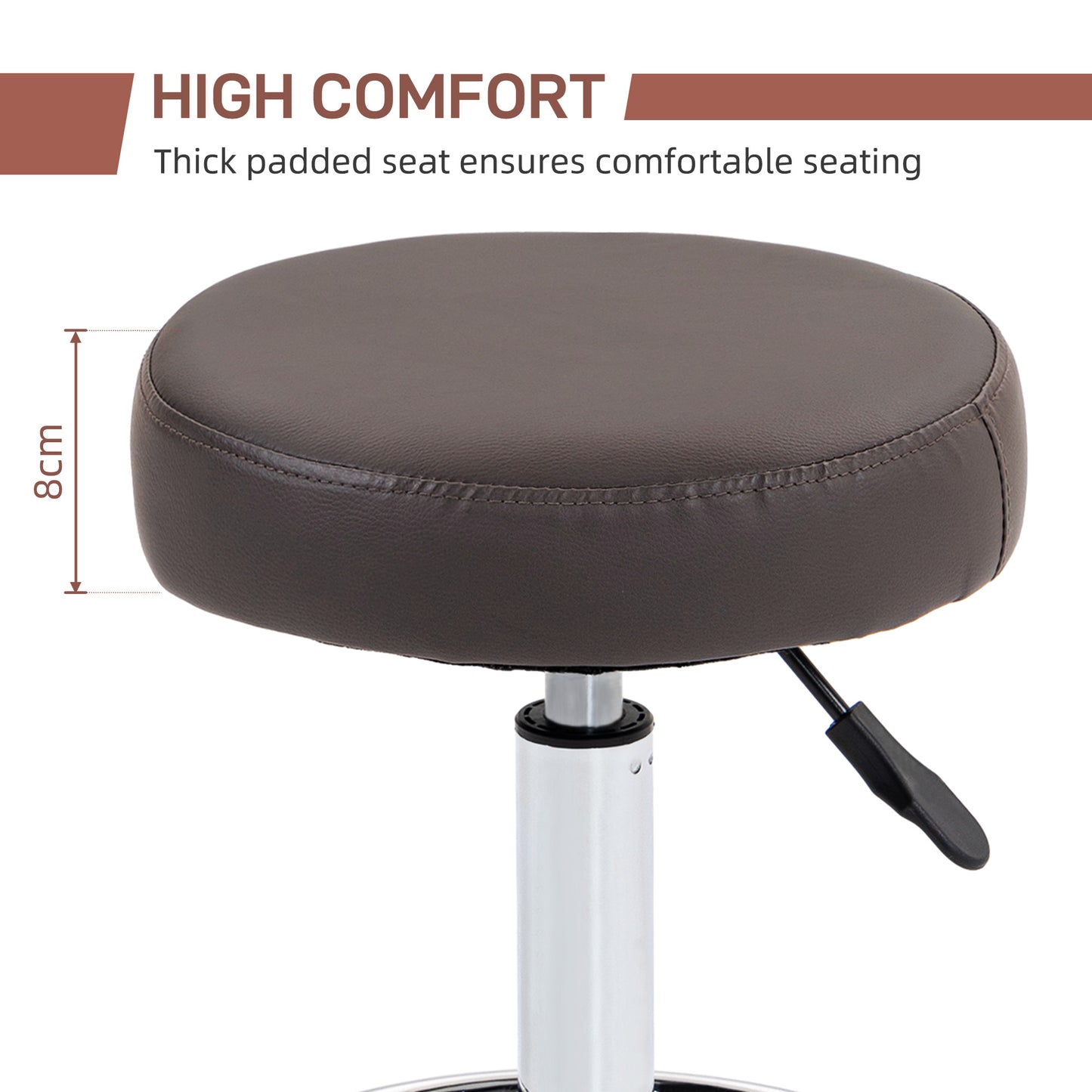 PU Leather Rolling Salon Stool | Height Adjustable 50-64cm | Dia 42cm | Thick Foam Seat | Footrest | 5 Wheels | Backless | 110kg | Grey