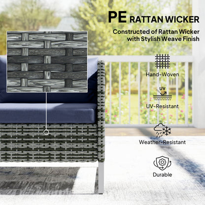 4 Piece L-Shaped Rattan Corner Garden Sofa Set | 2 Loveseats | Storage Trunk | Coffee Table | Tempered Glass | Padded Cushions | Washable Covers | PE Wicker | Dark Blue