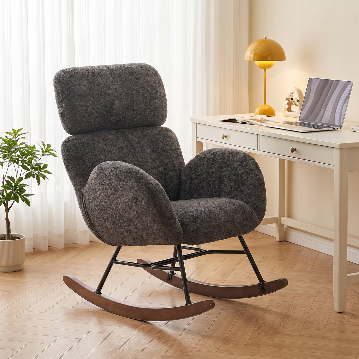 Rocking Chair | Dark Grey Velvet Upholstery with Adjustable 8 cm Headrest, 105° Glide & High-Density Foam | Walnut Base | 120 kg