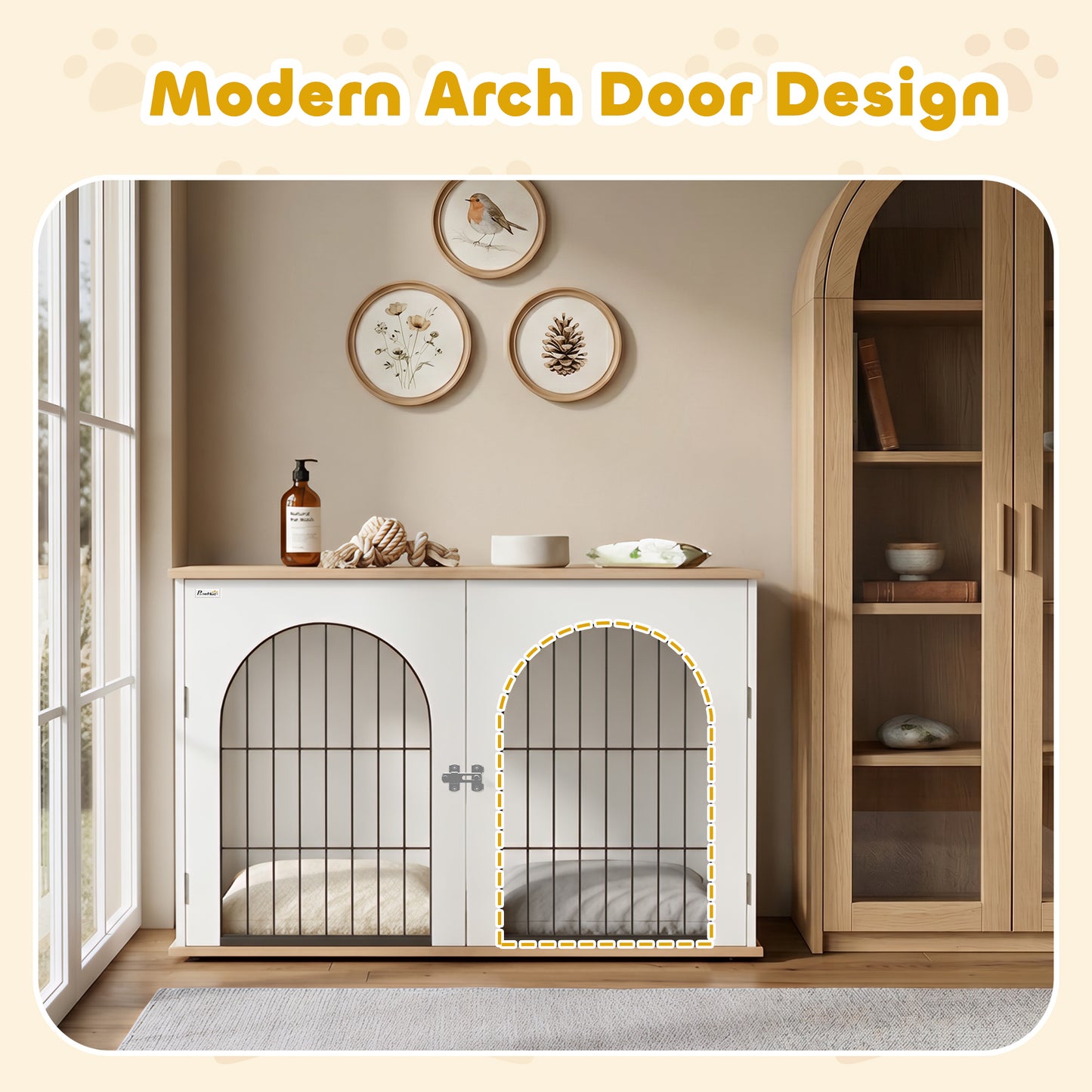 Dog Crate Furniture Side Table | Double Doors | Arched Wood-Grain Design | Large Dogs up to 30kg | 100 x 60 x 69cm | White