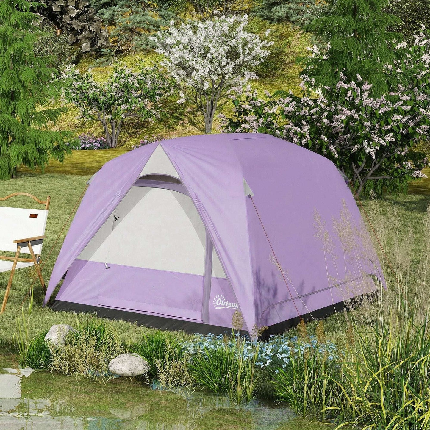 3-4 Person Dome Camping Tent | Sewn-In PE Groundsheet | 3000mm Waterproof | 3-Sided Mesh Windows | Ceiling Hook | Windproof Level 6 | Carrying Bag | 2x2x1.35m | Purple & Grey