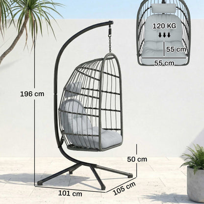 Hanging Egg Chair with Stand | 15cm Cushion | Foldable Basket | Safety Strap | Dark/Light Grey