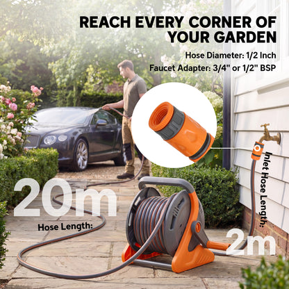 2-in-1 Portable & Wall Mounted Garden Hose Reel | 20+2m | Crank Handle | 2-Pattern Spray Nozzle | Rust-Proof PVC & PP | 8 Bar | 3/4" & 1/2" BSP Adaptor | 40x28x32cm | Orange